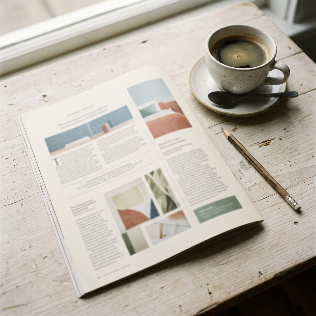 Un magazine ouvert à côté d’une tasse de café. Image générée.