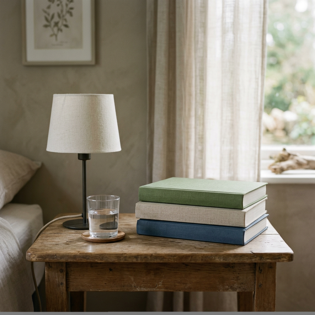 Trois livres empilés sur une table de chevet, avec une lampe et un verre d’eau. Image générée.