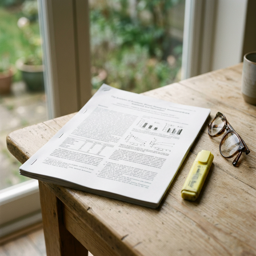Un article de recherche posé sur un bureau, avec des lunettes et un surligneur. Image générée.