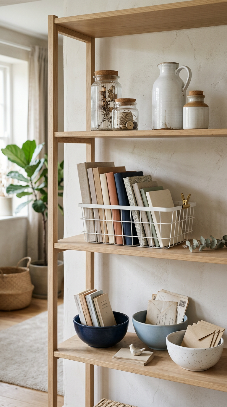 Une étagère en bois clair : un panier de livres, des bols contenant des livres et des enveloppes. Image générée.