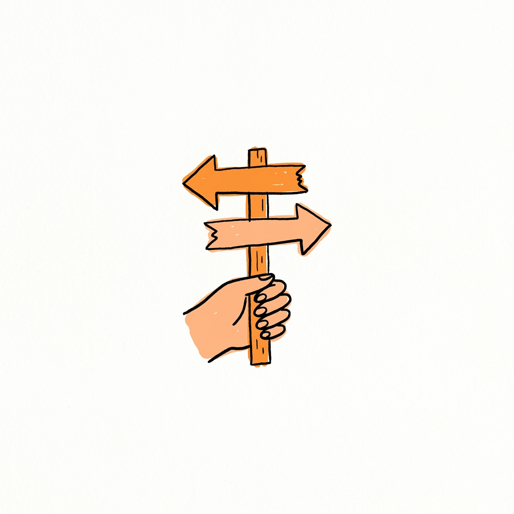 Illustration dessinée à la main : une main tient un panneau à deux flèches.