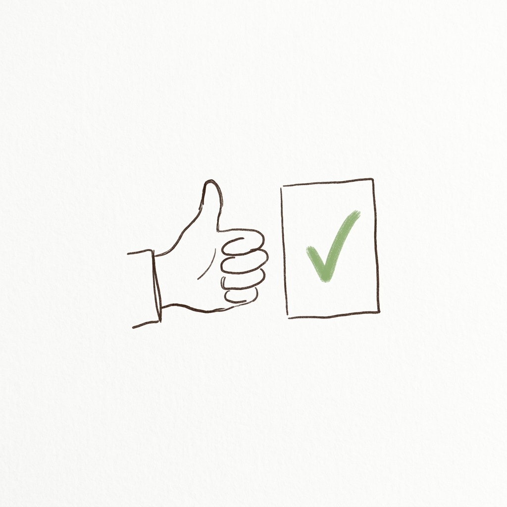 Illustration dessinée à la main : un pouce levé à côté d’une fiche cochée.